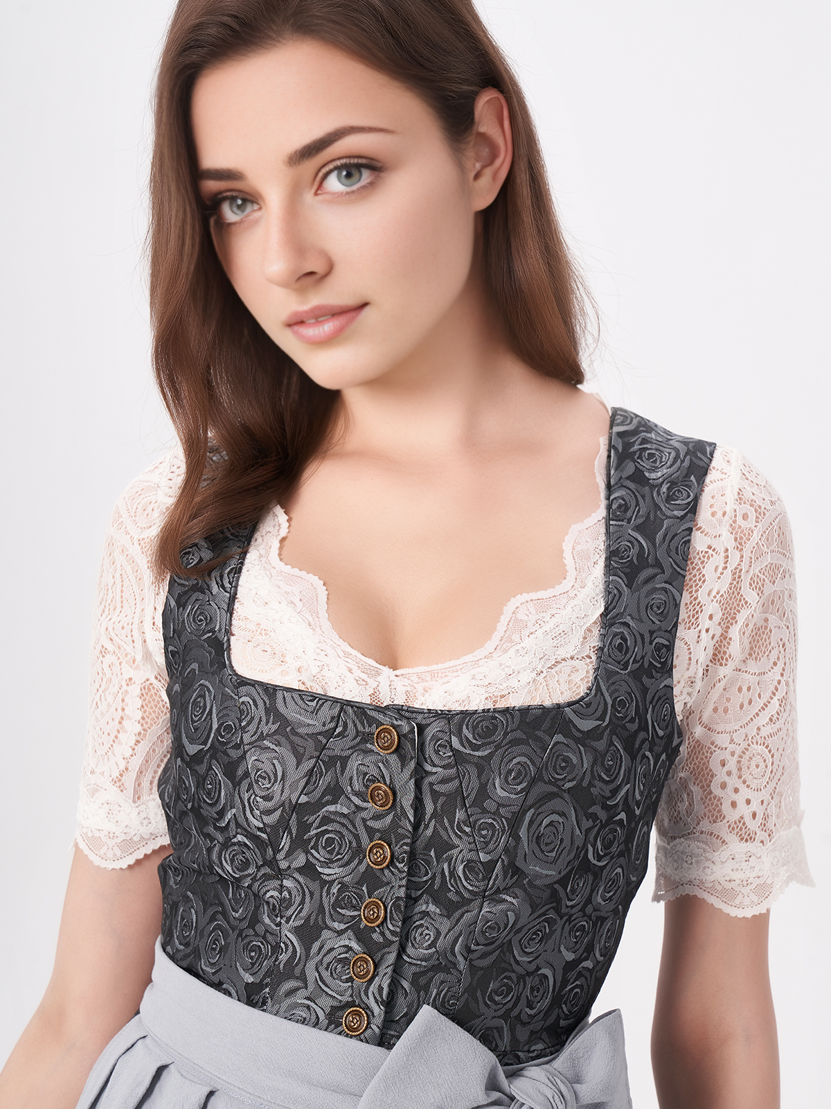 Elegantes blaues Drindl mit floralen Details